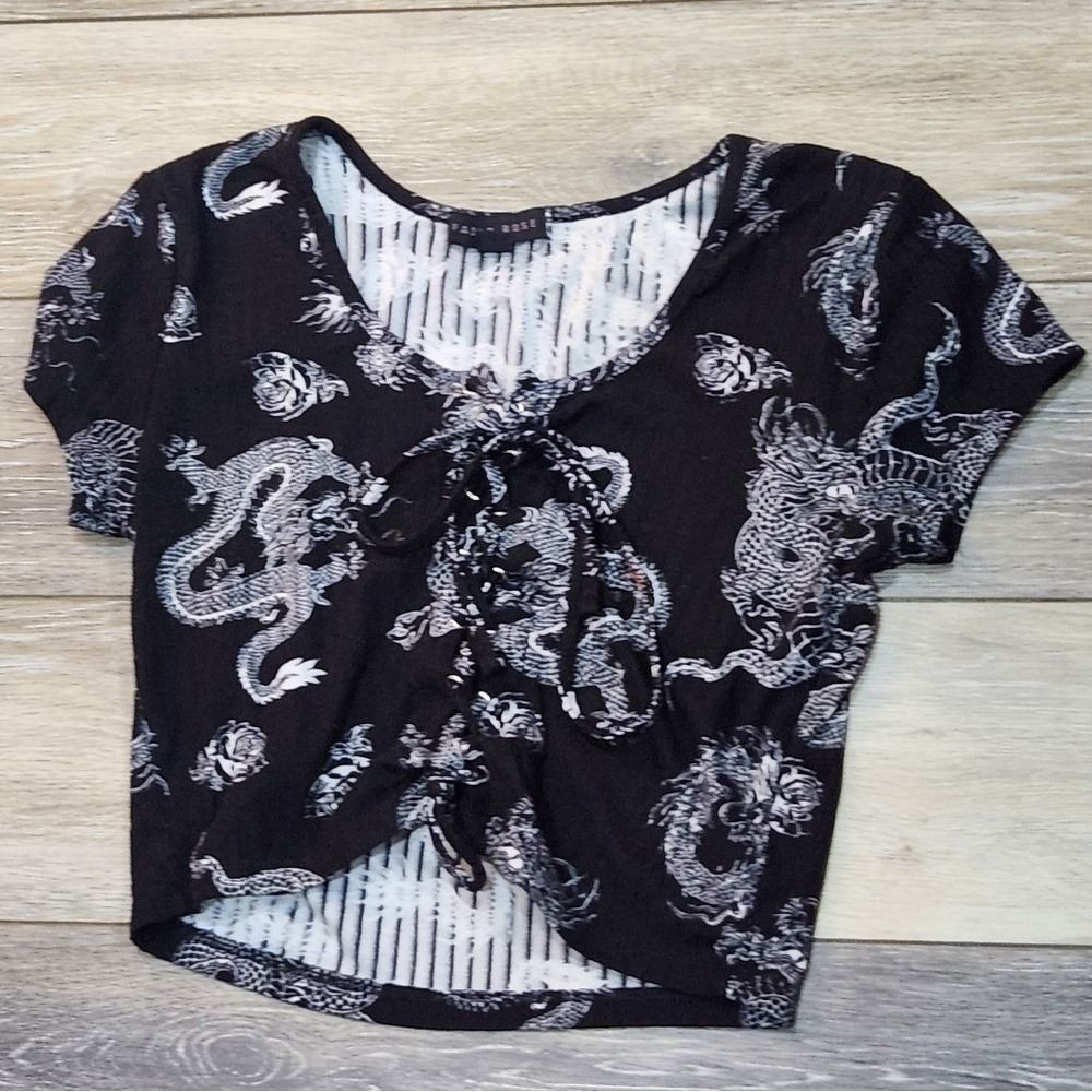 Faded Rose Black Dragon Print Women Crop Top Y2K Size Medium